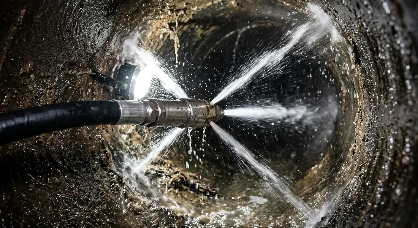 High-pressure hydro jetting nozzle cleaning sewer pipe for Emergency Drain Service in Powell