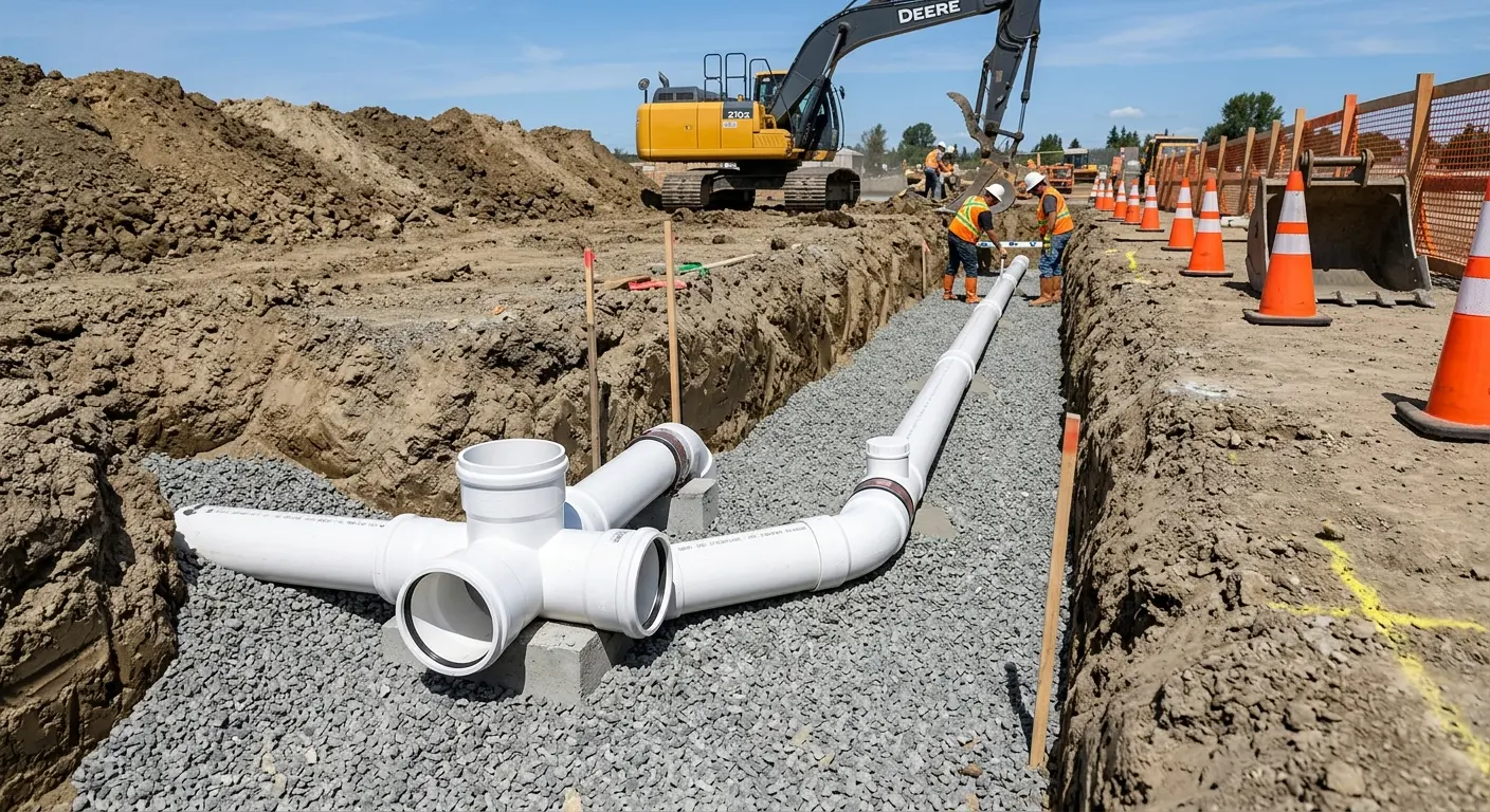 New PVC sewer pipe installation in open trench for Sewer Backup in Powell