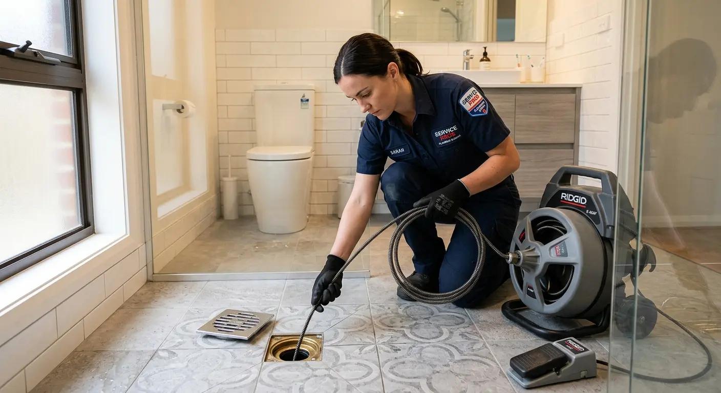 Technician clearing a bathroom floor drain for Drain Cleaning in Powell